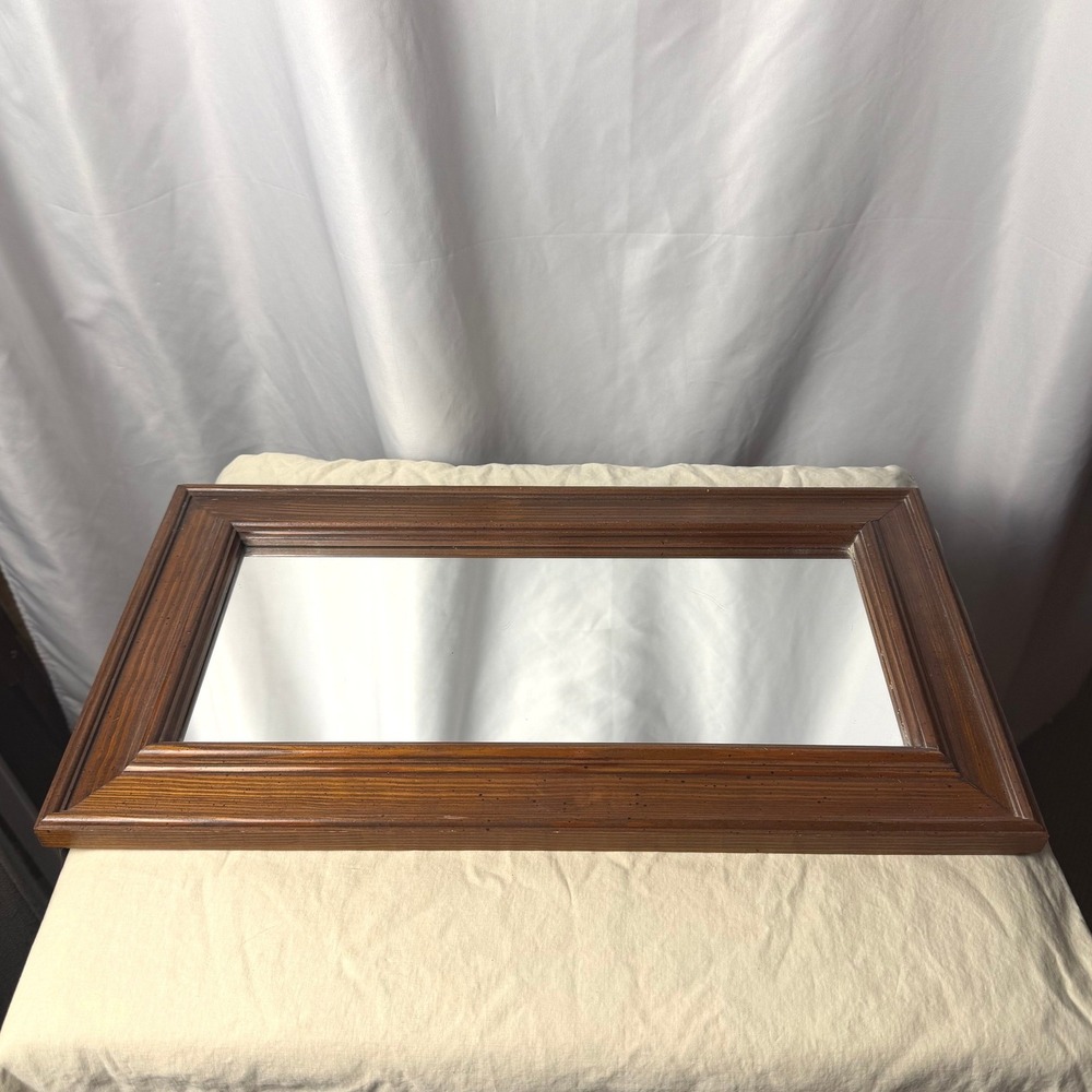 VTG Solid Wood Framed Wall Mirror Brown Rectangular Rustic Cottage Accent 19.5"